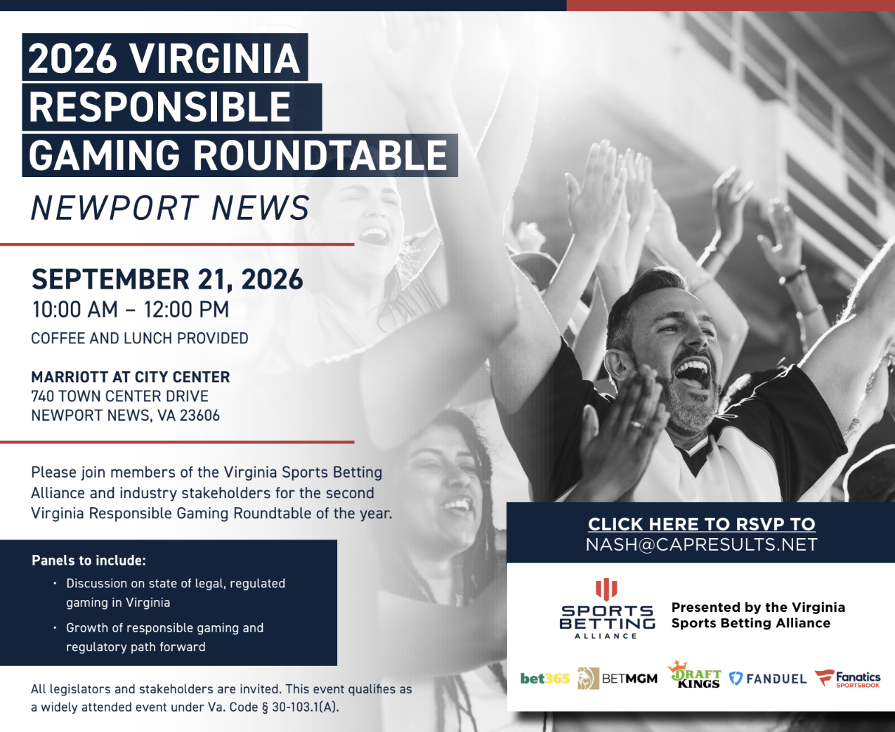 Virginia Responsible Gaming Roundtable Newport News invitation, September 21, 2026, Marriott at City Center